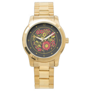 Khokhloma ~ Russian Folk Art ~ Red/Guld Flowers ~ Armbandsur