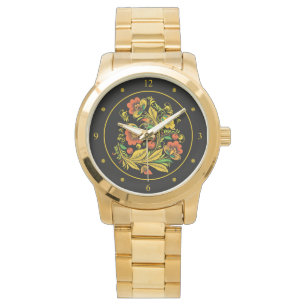 Khokhloma ~ Russian Folk Art ~ Red/Guld Flowers ~ Armbandsur