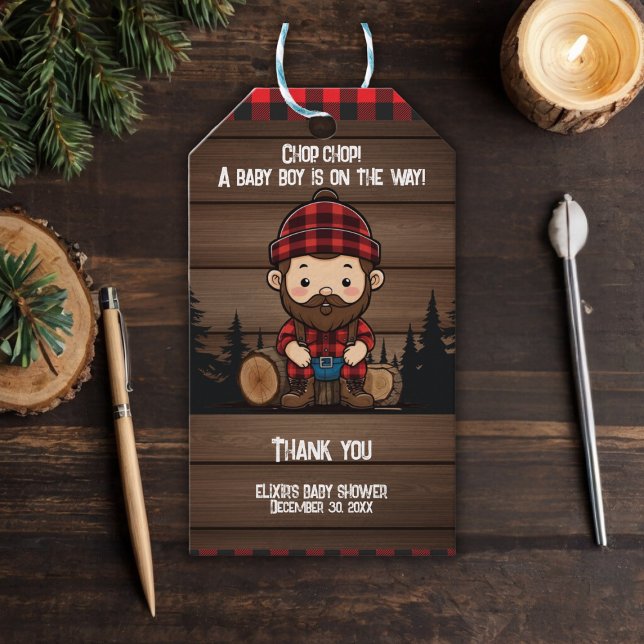 Khop Chop! Rustic Lumberjack Flanals Baby Shower Presentetikett (Skapare uppladdad)