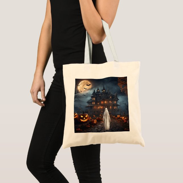KHS Halloween Haunted House with Ghost Tote Bag Tygkasse (Framsida (produkt))
