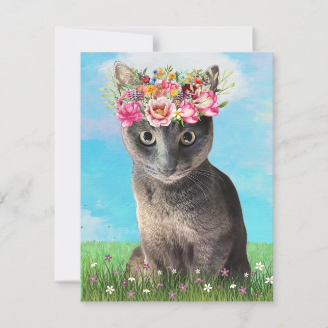 KHS Söt katt med blomkrona gratulationskort Inbjudningar (Framsida)