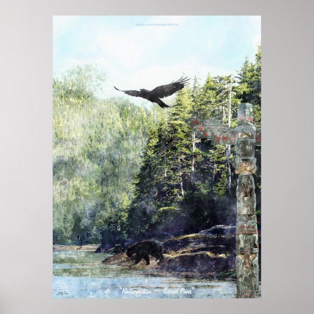 Khutzeymateen Wildlife & Totem Watercolor Art Poster (Framsidan)
