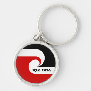Kia Ora & Maori Flagga, Nya Zeeland/Sports, rugby Rund Silverfärgad Nyckelring