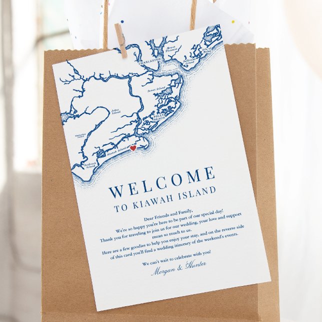 Kiawah Island Bröllops välkomstprogram Marinblå Tack Kort (Kiawah Island SC Map Weekend Events Itinerary Schedule Welcome Letter in elegant navy blue)