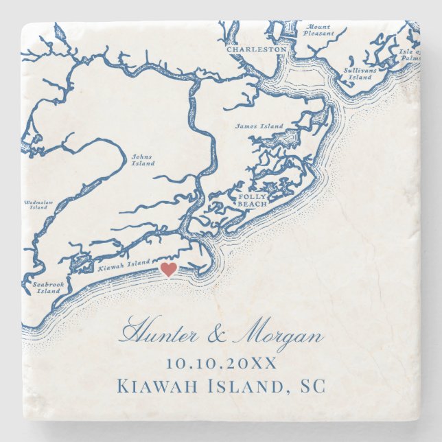 Kiawah Island Karta Elegant Navy Blue Wedor Favor Stenunderlägg (Framsidan)