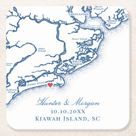 Kiawah Island Karta Elegant Navy Blue Wedor Favor Underlägg Papper Kvadrat