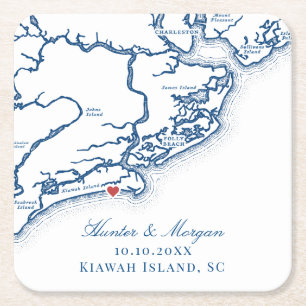 Kiawah Island Karta Elegant Navy Blue Wedor Favor Underlägg Papper Kvadrat