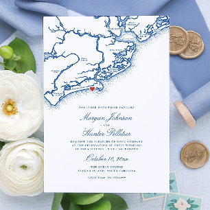 Kiawah Island SC Karta Elegant Navy Blue Bröllop Inbjudningar