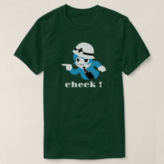 Kibo-chan pointing and checking t shirt