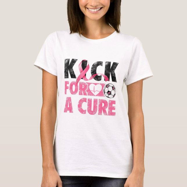 Kick for a Cure Breast Cancer Awareness Rosa Ribbo T Shirt (Framsida)