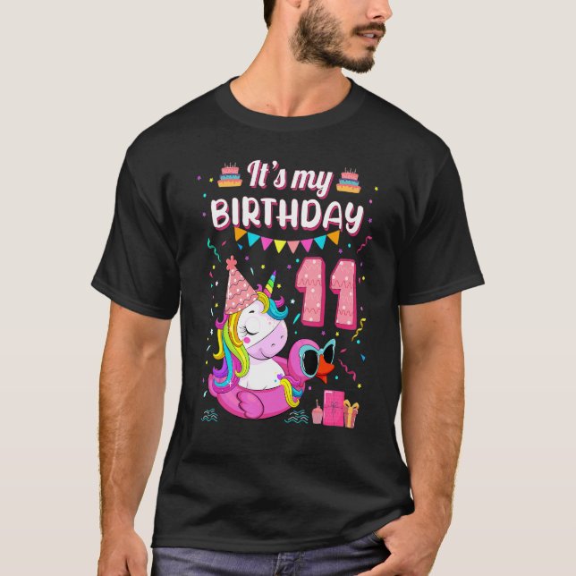 Kid 11:e födelsedagstidningen Girl Unicorn Anka Fl T Shirt (Framsida)