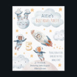 Kid Astronaut Rocket Space Birthday-inbjudan<br><div class="desc">Ett rum och astronauter tog hand om barnens Födelsedagsfest inbjudan. På vit bakgrund ses fem djur klädda som astronauter, inklusive björn, räv, uggla, hund och kanin som fångar gultens stjärnor och rider i en raket. Ditt barns Födelsedagsfest i namn är skriven i ett moln, deras ålder i gultens dekorativa text...</div>