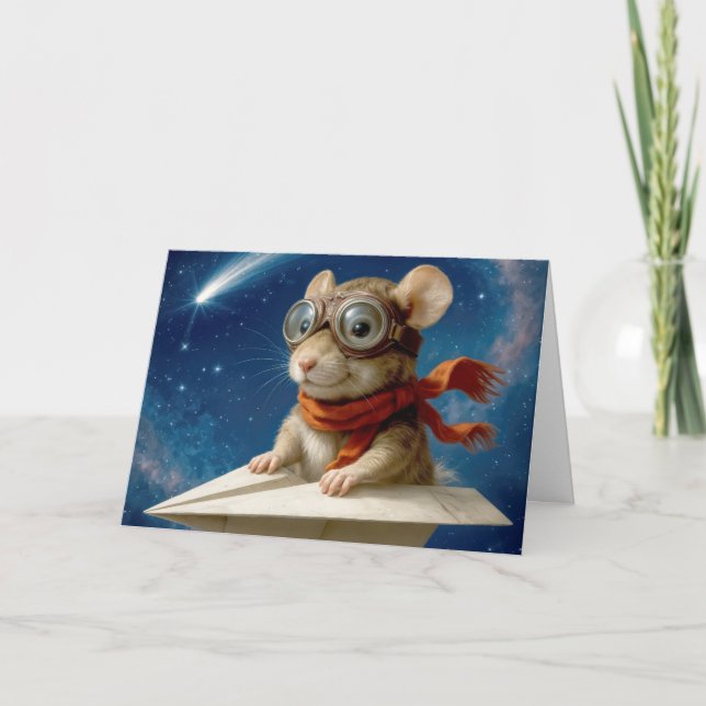 Kid Birthday Mouse som flyger i ett Pappert flygpl Kort (Framsida)