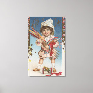 Kid Holding Fireworks och Rockets Canvastryck