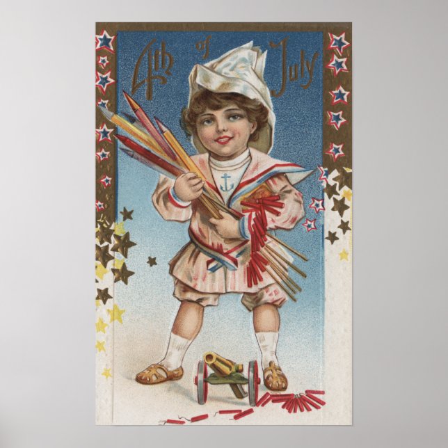 Kid Holding Fireworks och Rockets Poster (Framsidan)