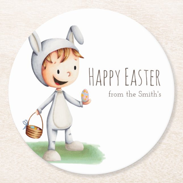 Kid i Påskhare Costume Egg Hunt Personlig Underlägg Papper Rund (Framsidan)