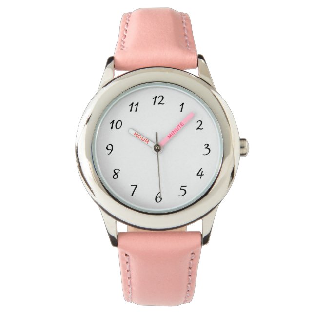 Kid Pink Rostfritt Stål Rosa Läderrem Armbandsur (Framsida)