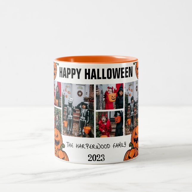 Kid pumpkin jack-o-lantern Halloween Photo Collage Två-Tonad Mugg (Center)
