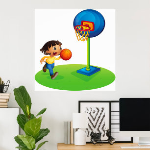 Kid spelar basketboll med Ring Roligt Sports Poster