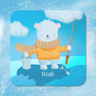 Kid Stickers (Kute Tecknad Fishing Polar Bear Kid Fyrkantigt Klistermärke