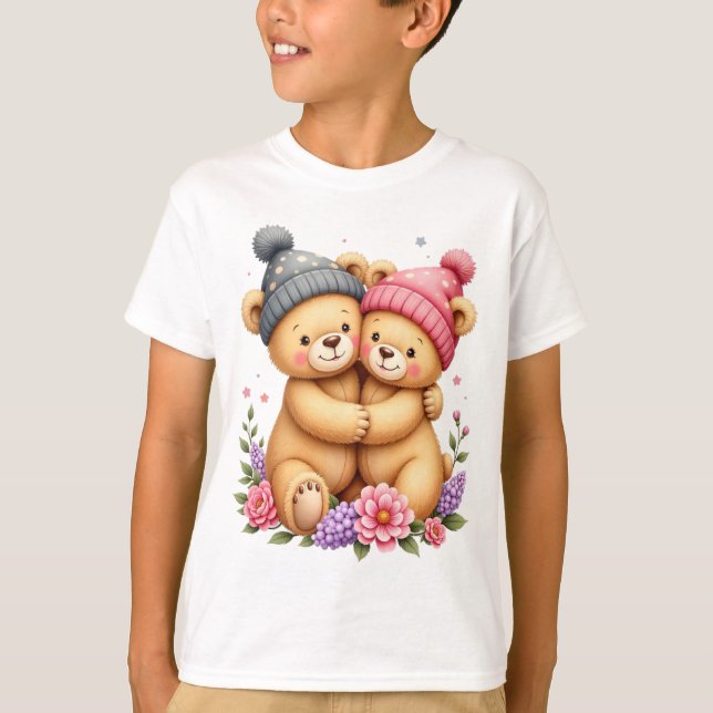 Kid T-Shirt With Two Teddy Bears With Caps (Framsida)