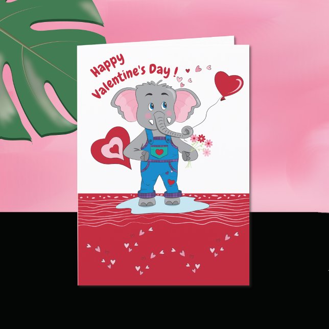 Kid Valentine Day Card med Tecknad Elephant Helgkort (Skapare uppladdad)
