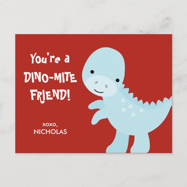 Kid Valentines dagskort - Dino-mite-vän Helg Vykort (Framsida)