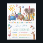 Kid Vild Party Animal Safari Birthday Call<br><div class="desc">En Vild Safari Party Djurbarns Födelsedagsfest inbjudan. På vit bakgrund ses tecknad zoo-djur, inklusive hippo, zebra, giraffe, lejon, cheetah, flamingo och elefant, fira i party. Barnets ålder visas på gulten sol, och typografitexten som säger att alla låt oss djur i party går vild är en text med flera färgader i...</div>