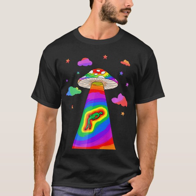 Kidcore Aesthetic Alien UFO Abduction Mushroom Cot T Shirt (Framsida)