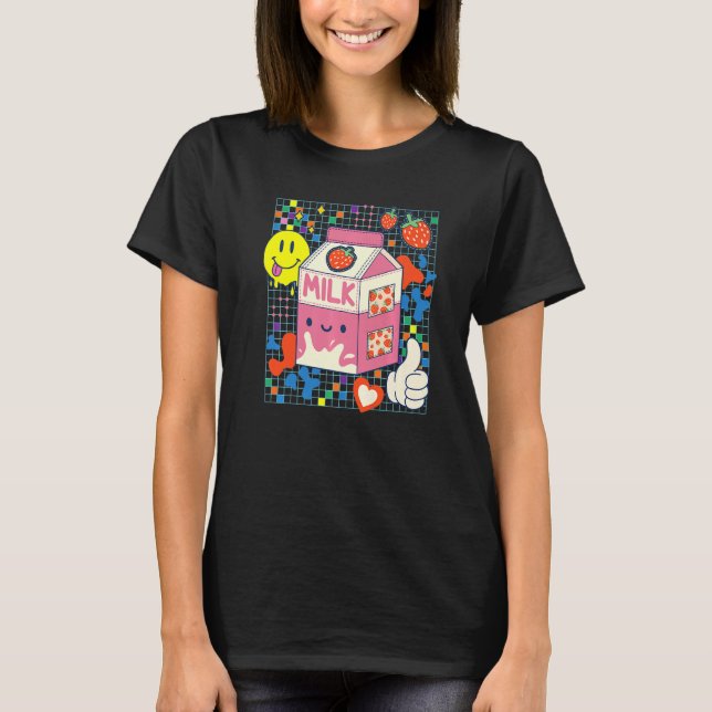 Kidcore Aesthetic Strawberry Mjölk Fabric Patches  T Shirt (Framsida)