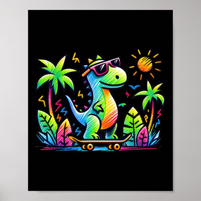 Kidcore Estetisk Dinosaurie Skateboard-doodle Al Poster (Framsidan)