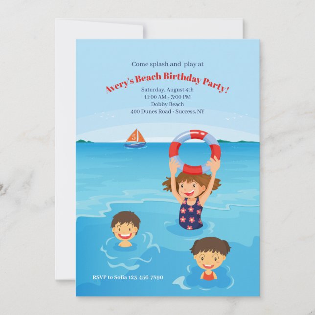 Kiddie Beach Födelsedagsfest inbjudan (Framsida)