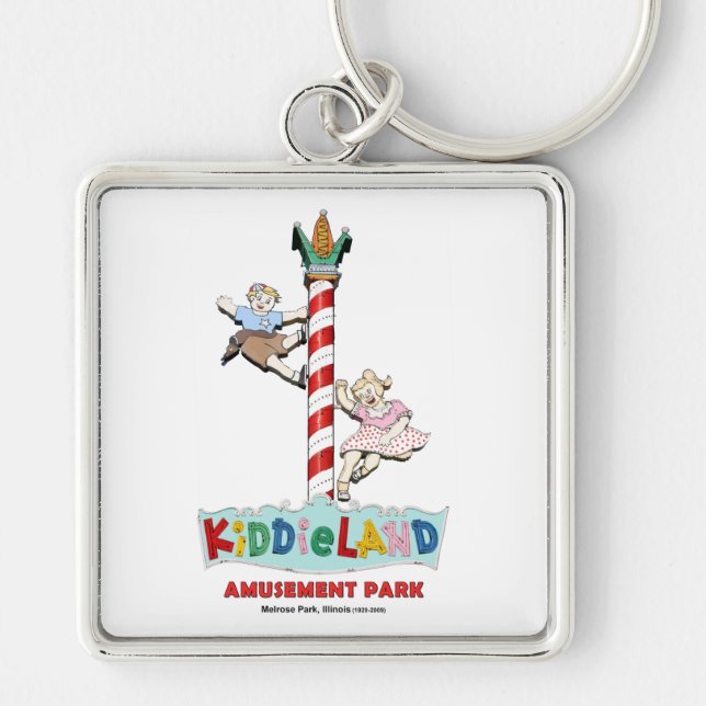 Kiddieland Melrose Park, IL, Pole Sign Fyrkantig Silverfärgad Nyckelring (Framsidan)