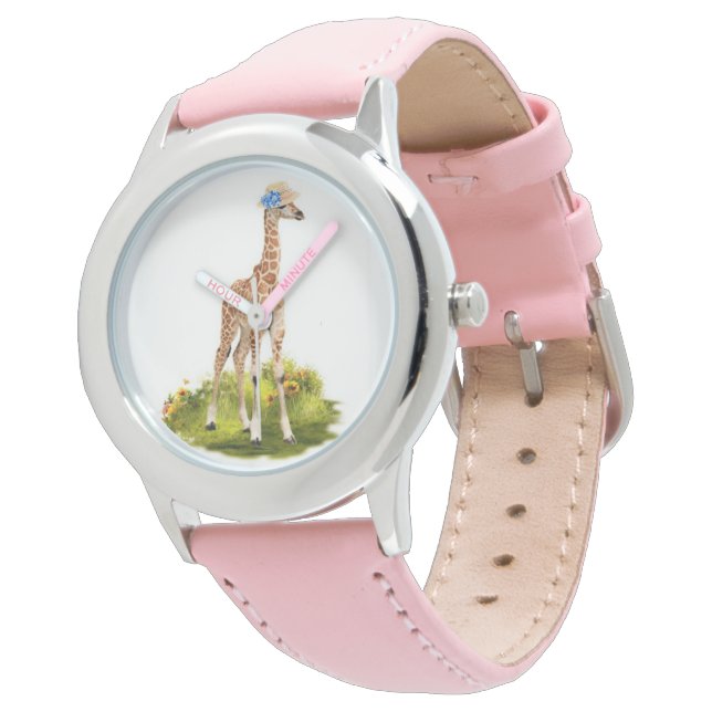 Kiddies Giraff i blå blommig hatt Rosa klocka (Vinklad)