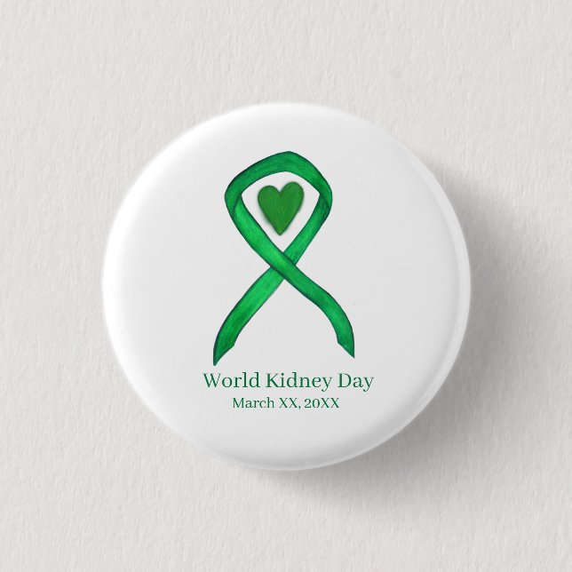 Kidney Day Grönt Awareness Ribbon Buton Pin Knapp (Framsida)