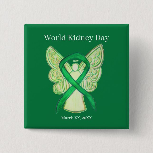 Kidney Day Grönt Awareness Ribbon Button Knapp (Framsida)