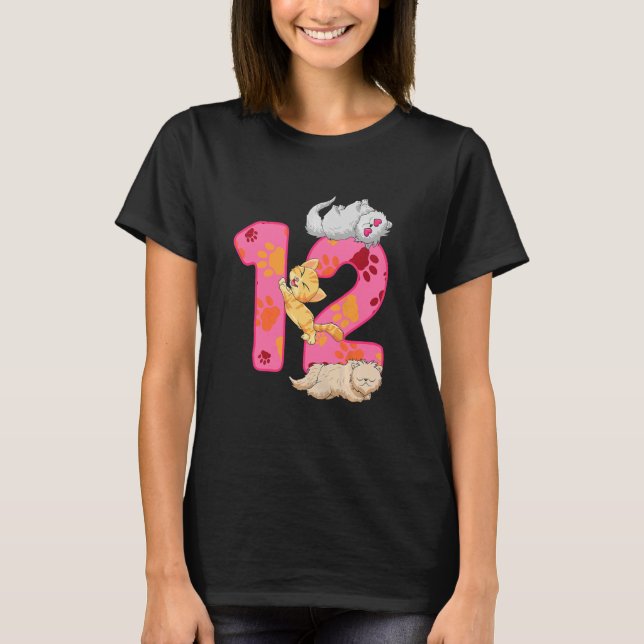Kids 12:e Birthday Kittens Balloon Cat Tass Thmet T Shirt (Framsida)