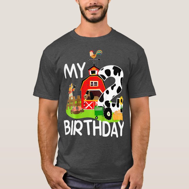 Kids 2nd Birthday  Farm Tractor Pig Horse Cow T Shirt (Framsida)