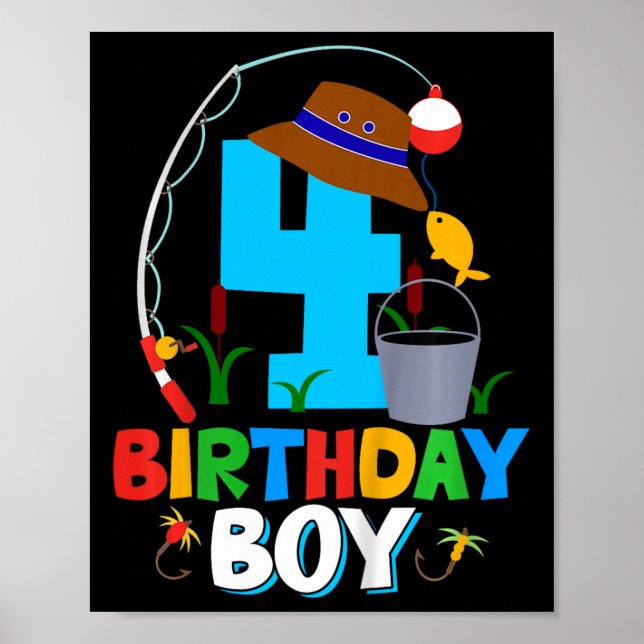 Kids 4e födelsedagen Shirt Boy Fishing Bday Part Poster (Framsidan)