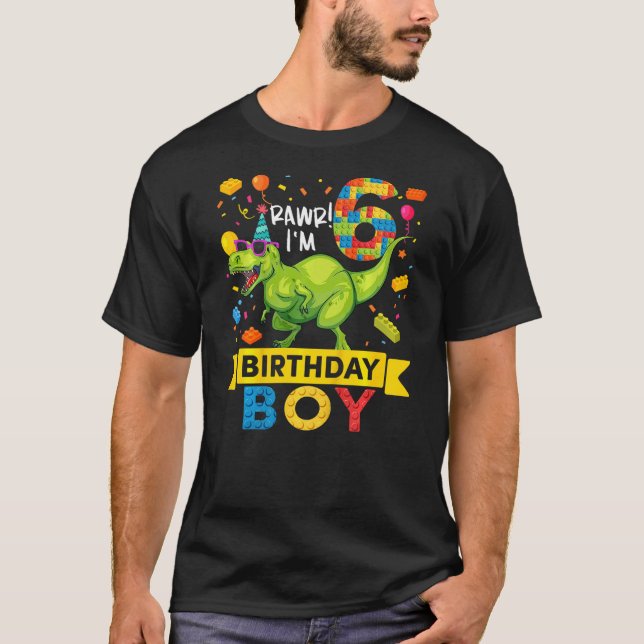Kids 6 Year Old Dinosaur Building Blocks 6th Birth T Shirt (Framsida)