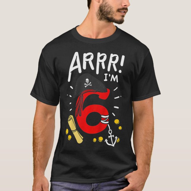 Kids 6th Birthday Pirate Six Theme Party  T Shirt (Framsida)