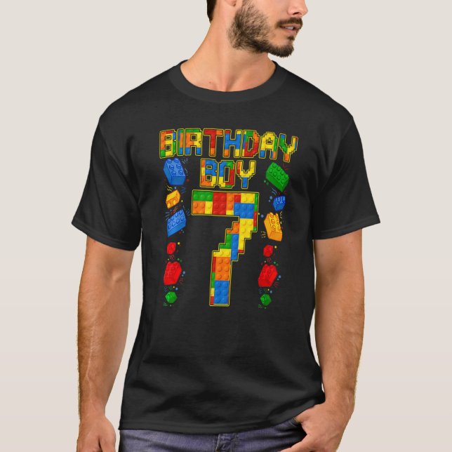 Kids 7th Birthday Master Builder 7 Years Old Block T Shirt (Framsida)