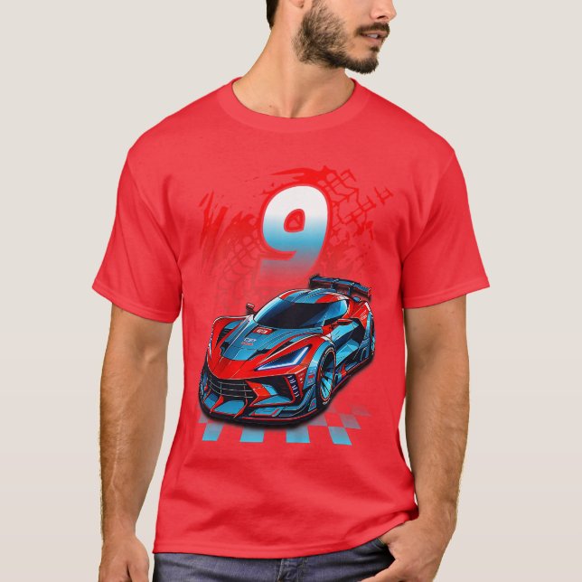 Kids 9 Year Old Race 9th Birthday Party Racing Rac T Shirt (Framsida)