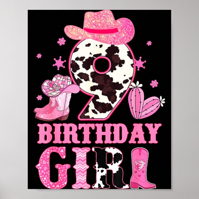 Kids 9th Birthday Girl Rodeo Western Cowgirl Birth Poster (Framsidan)