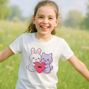 Kids Anpassningsbar Kawaii Pixel Bunny & Cat Heart T Shirt