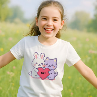 Kids Anpassningsbar Kawaii Pixel Bunny & Cat Heart T Shirt