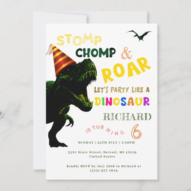 Kids Anpassningsbar T Rex Dinosaur Theme Födelseda Inbjudningar (Framsida)