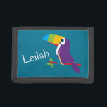 Kids aqua Grapa, färgstark, skalbar fågel namn<br><div class="desc">Fet-killars grafik-toucan art wallet-för barn anpassas efter ditt eget val av namn. Det här exemplet lyder Leilah. Cute small wallet eller purse för barn som love birds. Unik grafik och designad av Sarah Trett.</div>