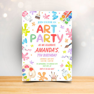 Kids Art Party Birthday Invitation Colorful Paint Inbjudningar