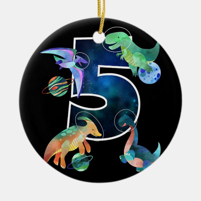 Kids Astronaut Rymden Dinosaurs 5:e födelsedagen Julgransprydnad Keramik (Framsidan)